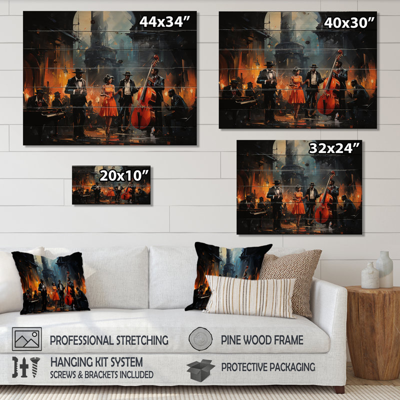 «Music In Harlems III - People Wood Decor» sur bois de pin naturel, H 30 po x l 40 po