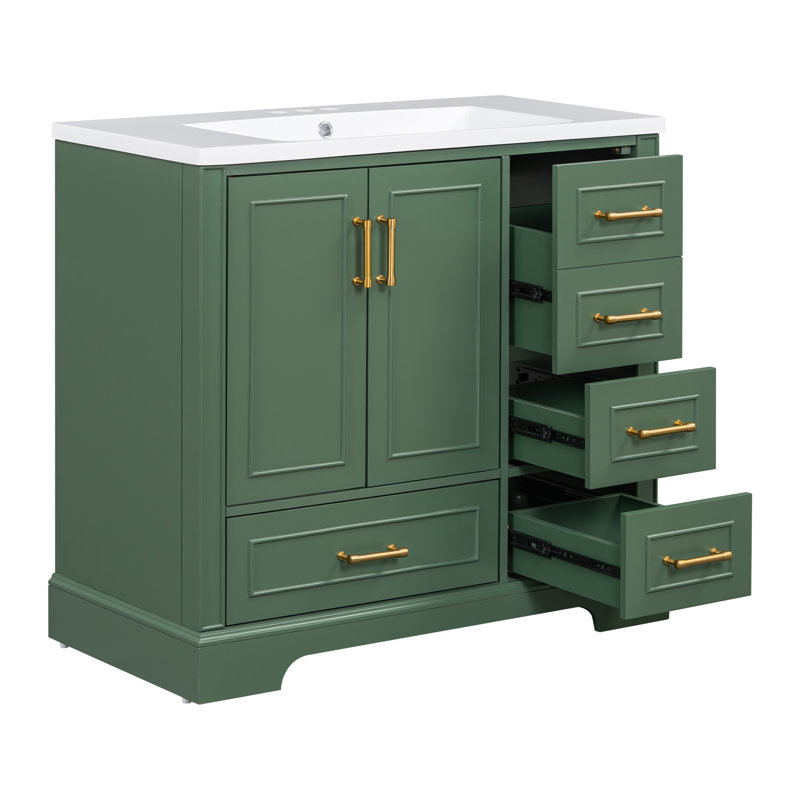  Modern Bathroom Vanity Cabinet with Resin Sink, 2 Doors, 4 Drawers, Soft-Close, Green (Faucet not Included)