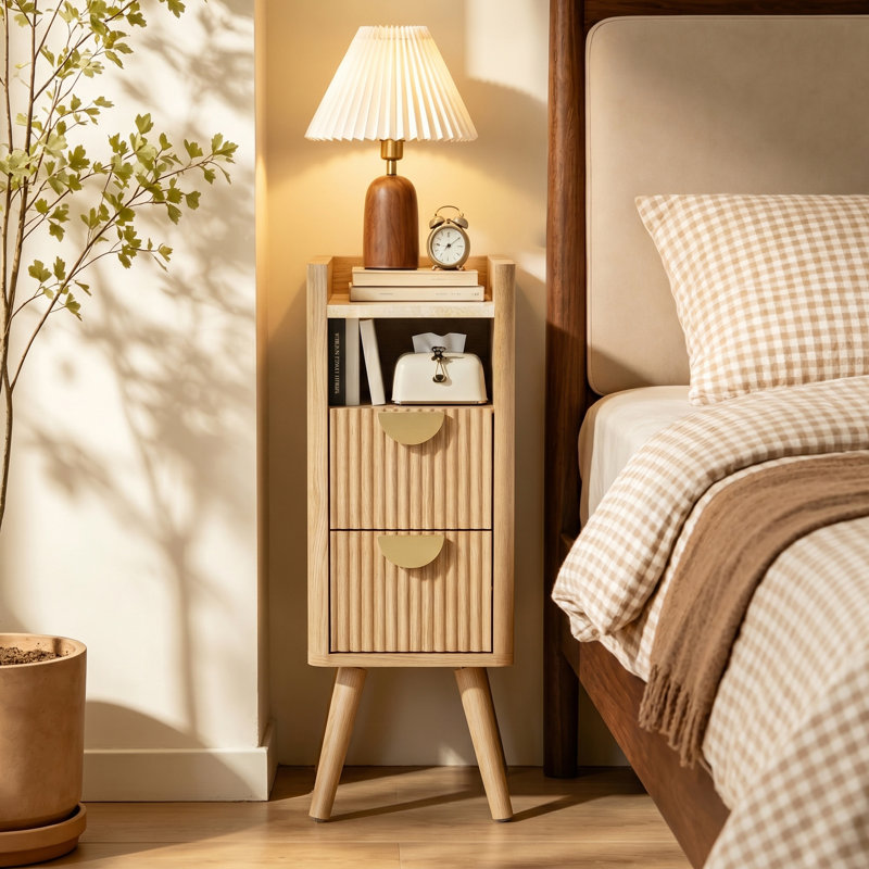 Table de chevet étroite moderne à 2 tiroirs avec rangement ouvert et table de chevet compacte en MDF pour chambre à coucher