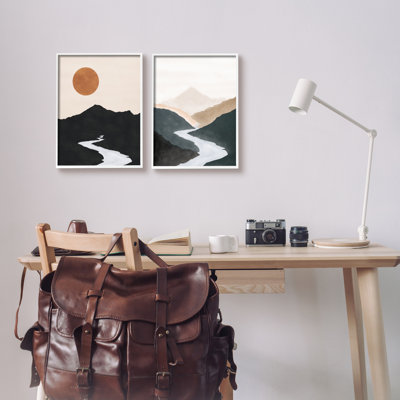 " River Flowing Into Distance Mountain Sun Landscape " by JJ Design House LLC 2 - Pieces