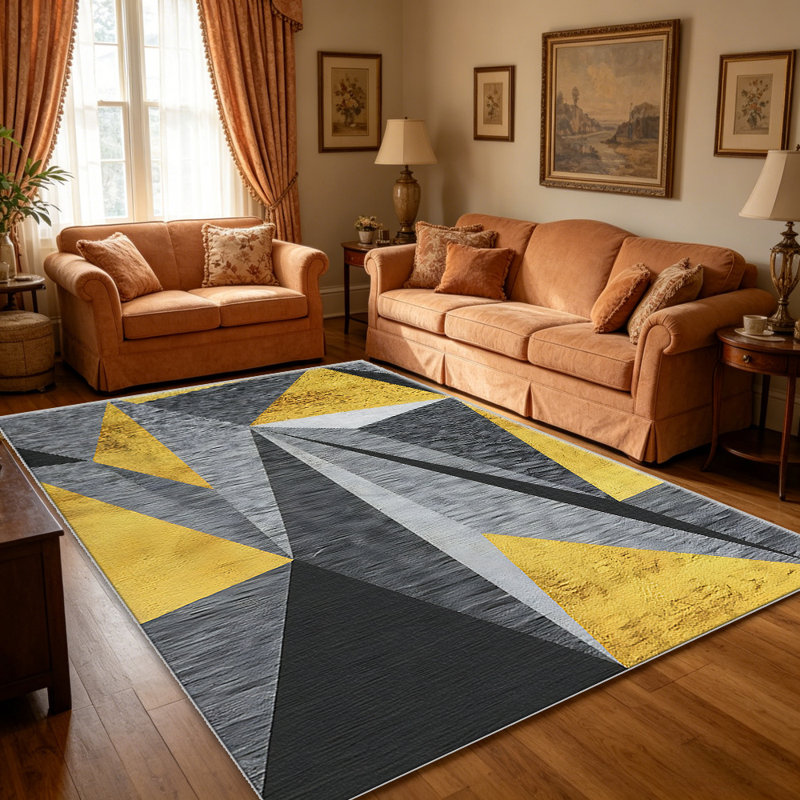 Gold Grey Geometric Triangle carpet-easy to clean, machine-washable, soft and comfortable; suitable for door mats, kitchens, living rooms, bedrooms, corridors, and laundry areas. Easy to clean, durable carpet for home decoration.