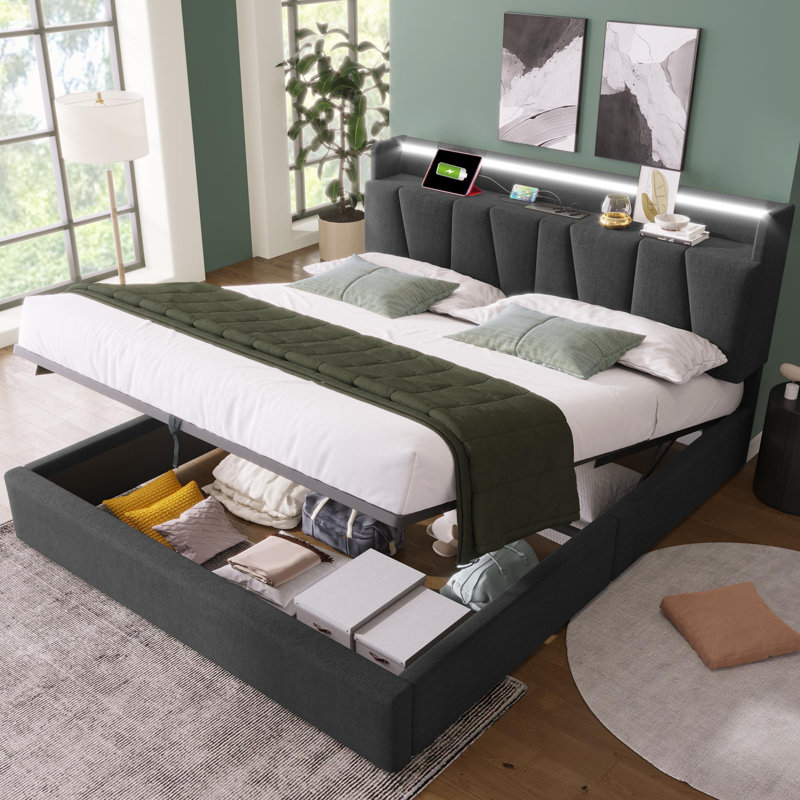 Upholstered Double Bed With Usb And Led , Double (4'6)