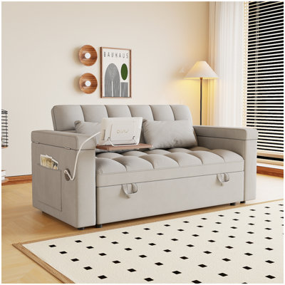Canapé-lit de 65 pouces 3-en-1 pliable de 65 pouces avec table et UAB, accoudoirs avec fonction de rangement. Canapé double moderne en velours, canapé-lit avec dossier et coussin réglables, convenant au salon