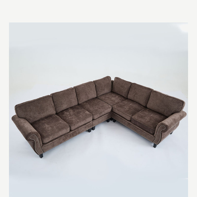 Virelia 3-Piece Modular Sectional Sofa With Decorated Rolled Armrest, Chocolate Polyester