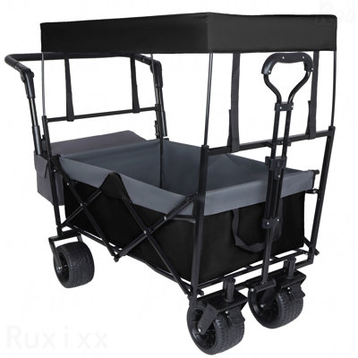 With Push Handle, 480Lbs Collapsible Wagon With Canopy, Wagon Cart With 7" All-Terrain Wheels, Lightweight Foldable Wagon, Large Capacity For Camping, Shopping, Sports, And Garden Use, Black