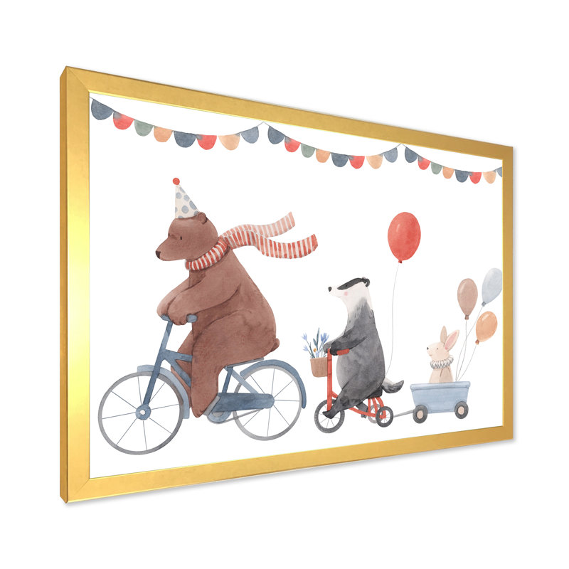 Animaux mignons à bicyclette, H 24 po x l 36 po x P 1 po, Cadre d'angle fermé doré