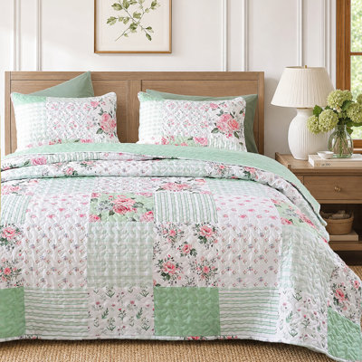 3-Pieces Floral Quilt Set, Vibrant Printed Quilt Bedding with 2 Pillowcases