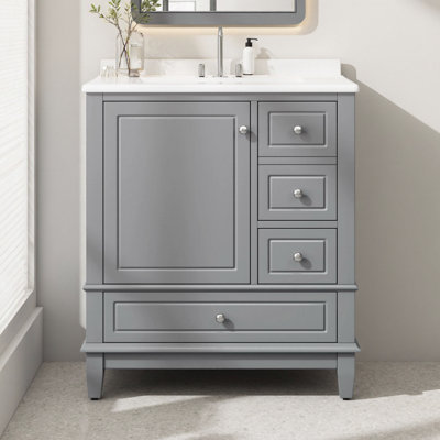 Meuble-lavabo 30 po avec lavabo en céramique, 1 porte avec rangement + 3 tiroirs, charnières à fermeture en douceur, structure en bois d'hévéa, armoire autoportante de 4 po avec robinet central