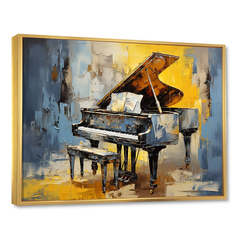 «Yellow and Blue Piano Jazzed Keys» - musique, art mural piano, Cadre flottant doré, H 34 po x l 44 po x P 1,5 po
