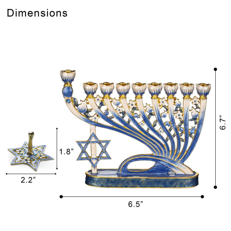 Parfait ensemble juif - candélabre de la menora émail bleu peint à la main avec écoulement moderne et étoile de David et 2 qté de cadeau de Hanoukka tournant de Dreidels peint à la main par Matashi