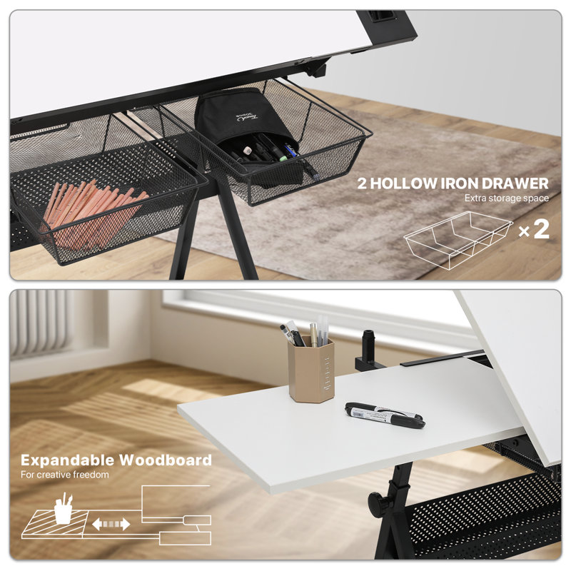 Poste de travail et table à dessin avec tabouret, table à dessin avec plateau coulissant et tiroirs