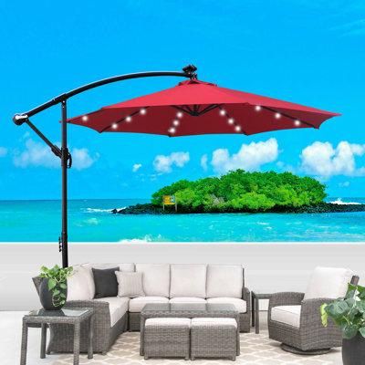 Parasol de terrasse 10 pi avec parasol solaire à DEL 8 lumières avec manivelle et base transversale