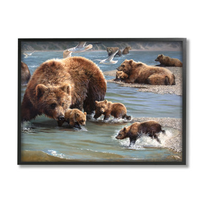 «Grizzly Bear Family Fishing» encadré sur bois par Bonnie Marris, peinture