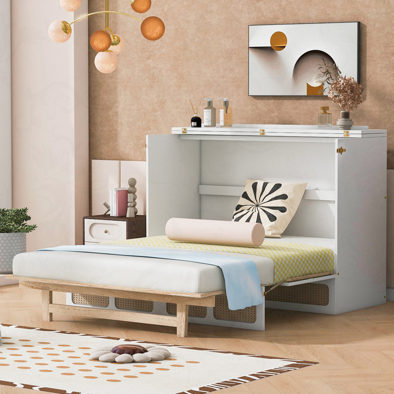 Drawer Murphy Bed Cabinet With Outlets, Full, White/Natural