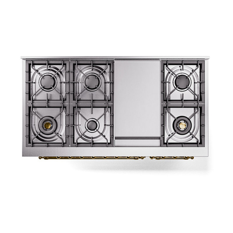 ILVE Nostalgie II Series Noblesse 48 inch Dual Fuel Range with 8 Sealed Burners, Griddle (Glass Door), Brass, Liquid Propane