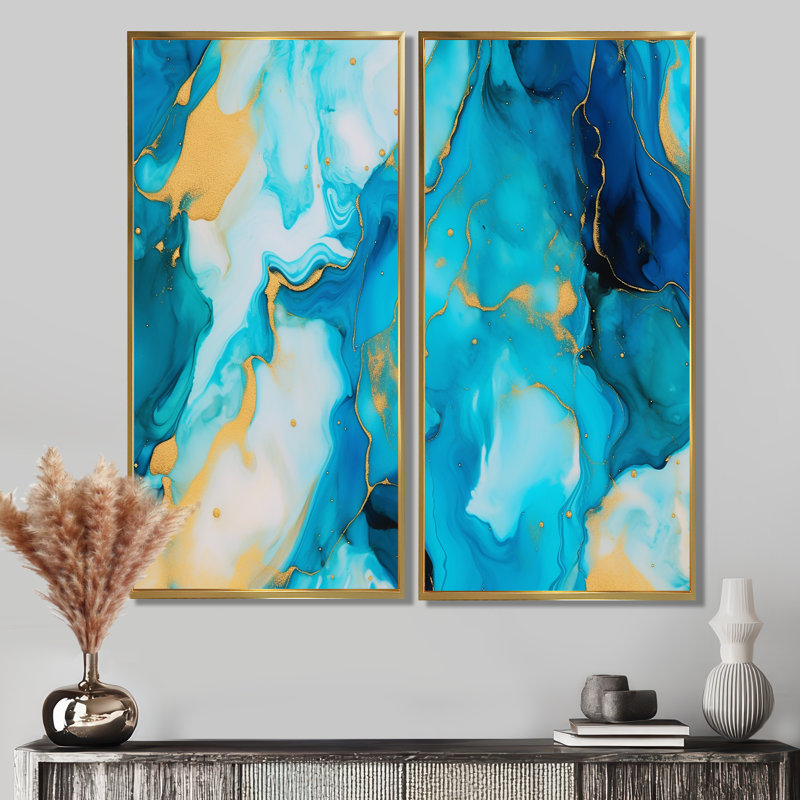 Turquoise luxueux, art fluide abstrait IV - bleu, impressions sur toile modernes, 2 panneaux, 20" H x 24" W, Gold