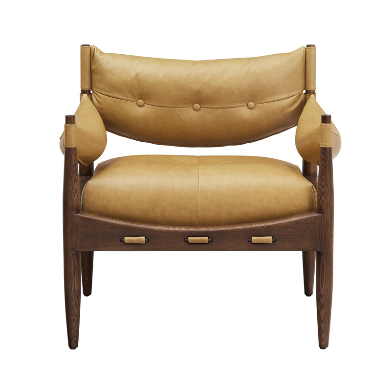 Ramira Full grain Genuine Leather Armchair with tufted button, Light Brown