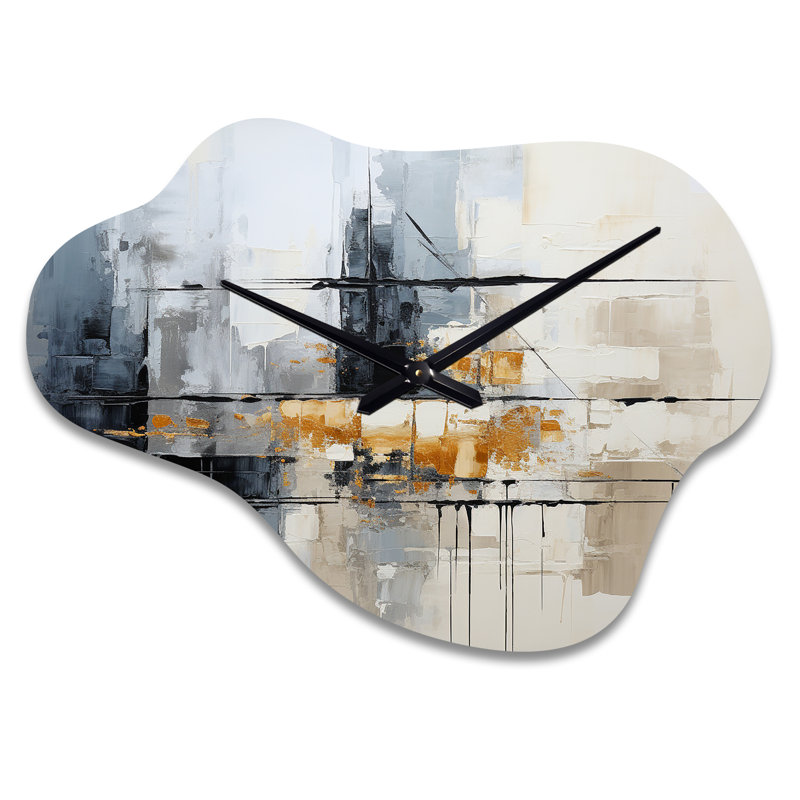 Grey Collage Reflections II - Abstract Collages Cloud Metal Wall Clock, Grey Asymmetrical Metal Wall Clock Print, Small