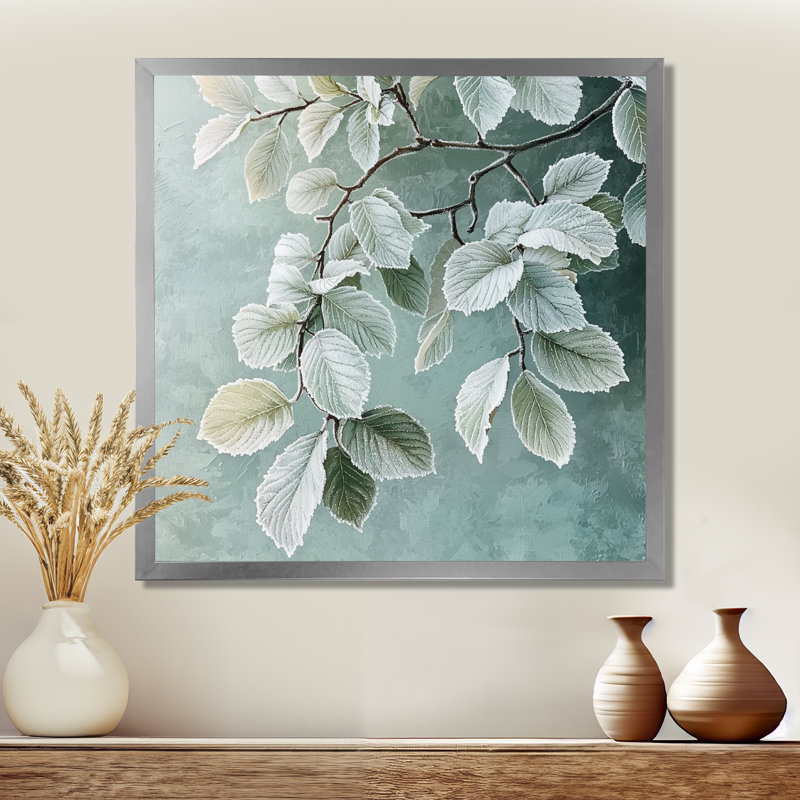 Frosted Leaves I - feuilles, art mural, H 36 po x l 36 po, Picture Framed Print, Argent argent