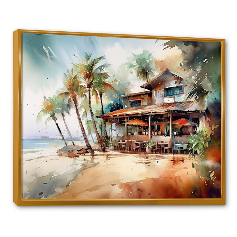Tropical Beach House - art mural de plage côtière pour le salon, H 16 po x l 32 po x P 1 po, Cadre flottant doré