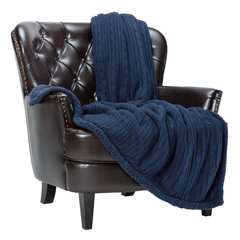Navy Blue Cable Knit and Sherpa Reversible Throw Blanket 50" x 65"