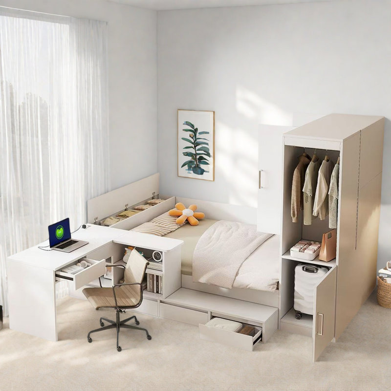 Lit plateforme en bois avec 6 tiroirs, tablettes, bureau et garde-robe, Blanc