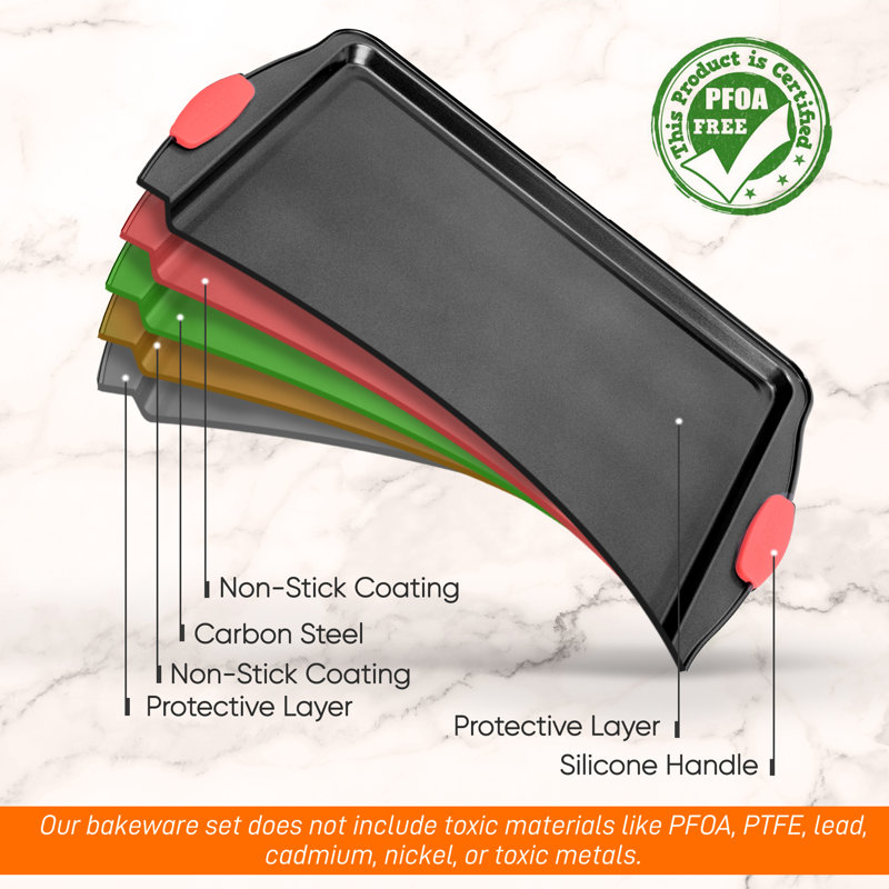 Large Black Nonstick Carbon Steel Cookie Sheet with Red Silicone Handles