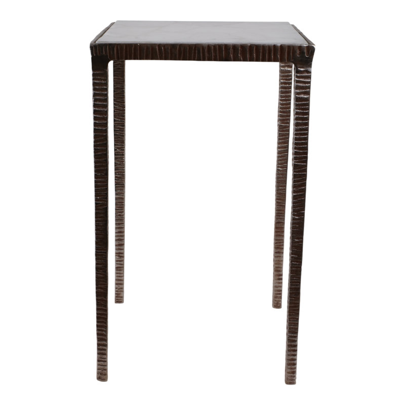 Aluminum Accent Table with Textured Frame & Stone-Inspired Top, 24" Silver & White