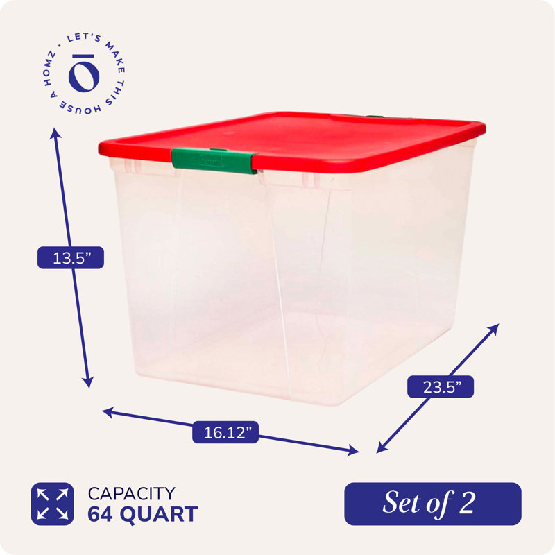 Homz Holiday Seasonal Decor Plastic Storage Bin with Latching Lid, 2
