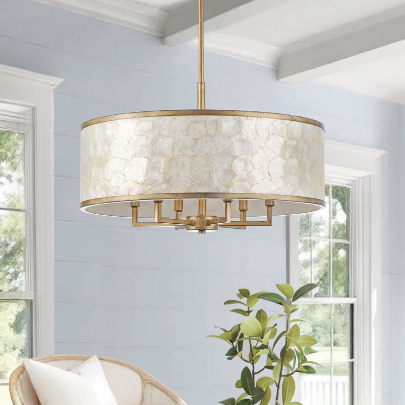 24-inch 6-Light Capiz Shell Drum Chandelier, Gold