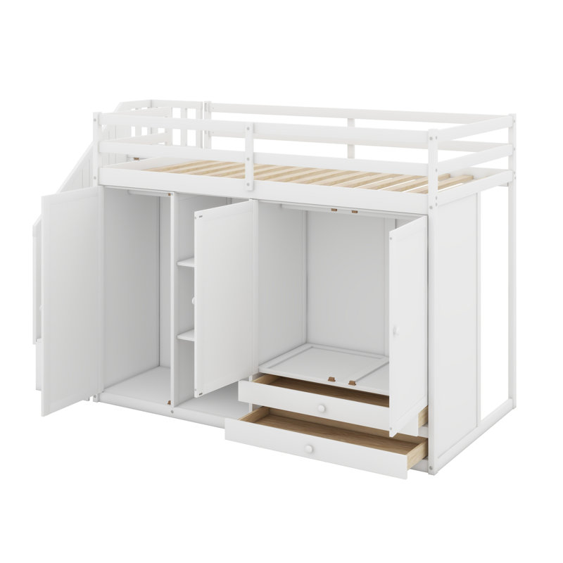 Lit mezzanine avec tablettes, armoires et tiroirs, Blanc
