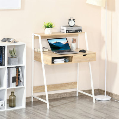 Bureau de bureau polyvalent avec rangement et tablette de présentation, idéal pour les petits espaces et les espaces de travail organisés.