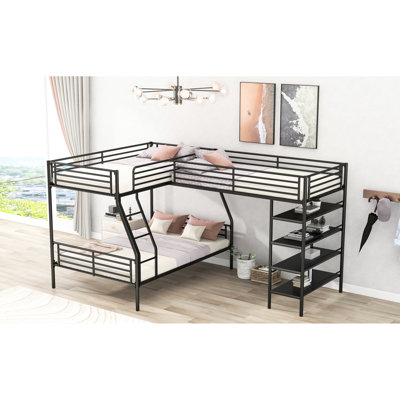 Black Metal Loft Bed With Shelf Storage - Stylish Bedroom Choice L-Shaped Twin Over Full Bunk & Bed, 4 Shelves, Velvety