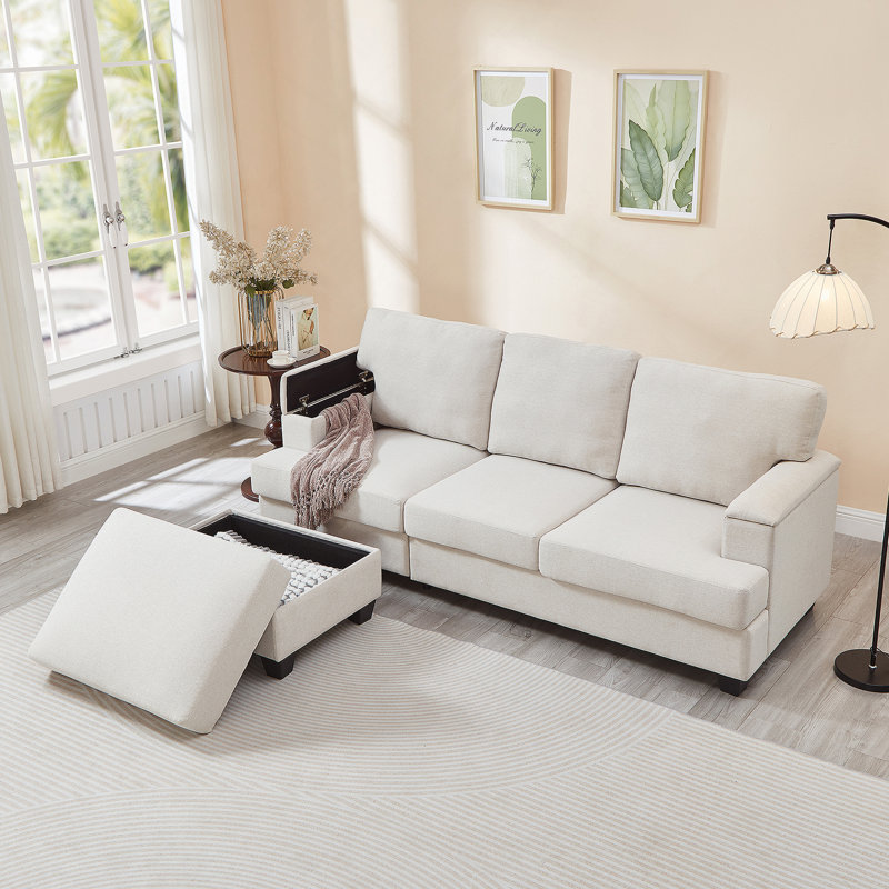 86" Linen Upholstered Sofa with a Movable Storage Ottoman, Underseat Storage and 2 Flip-up Armrests, Beige