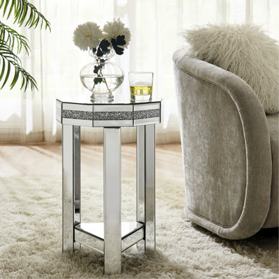 Table de bout à miroir en octogone avec cristaux, 2 pour le salon, la chambre à coucher, le café, l 13,8 po x P 13,8 po x H 21 po, style américain brillant, incrustation de cristaux de remplissage en acrylique, design, surface facile à nettoyer