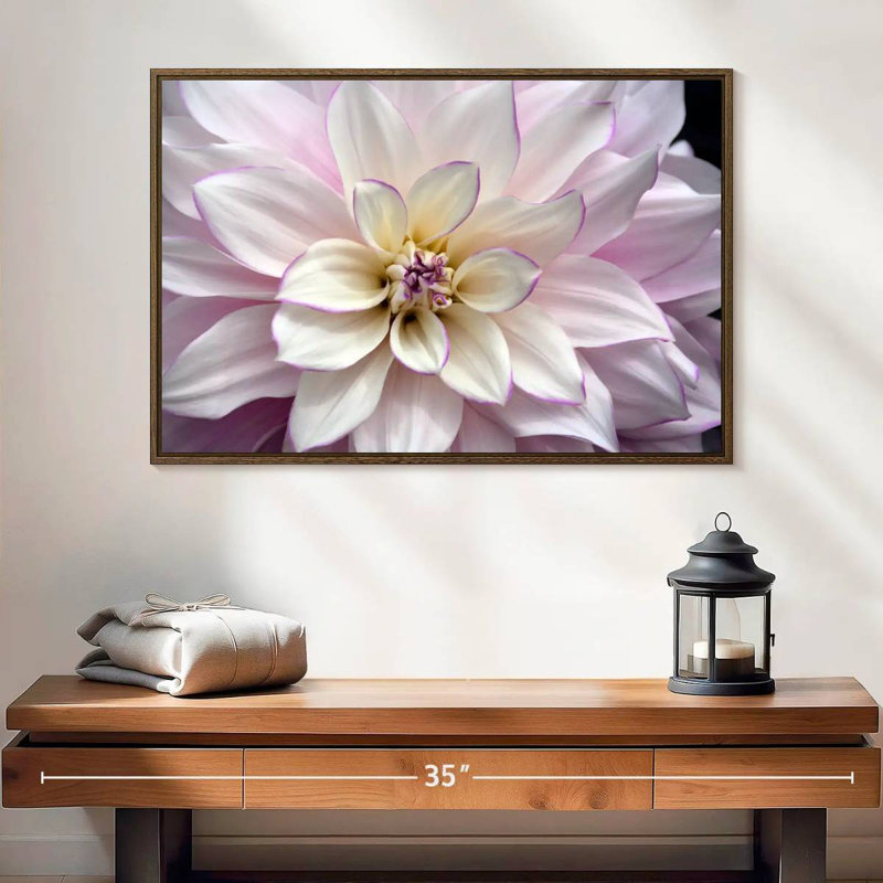 Dahlia blanc et mauve, 25 po x 17 po, Cadre flottant en noyer