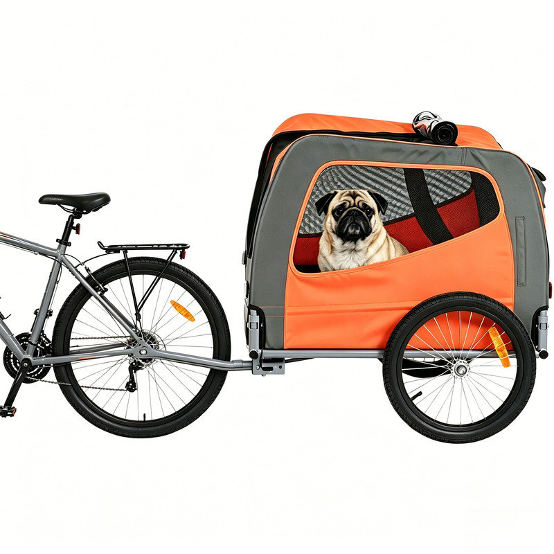 Remorque de vélo pour chien d'une capacité de 66 lb, transporteur de chariot pour animal de compagnie, cadre pliable facile avec roues à dégagement rapide, coupleur de vélo universel, réflecteurs, drapeau de sécurité, pliable pour le rangement, orange / gris