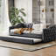 Lit de jour simple gris avec couchette et fonction de charge, structure en bois, tissu de velours, accoudoirs ondulés de style Mid-Century, chambre à coucher revêtue de velours, pour plus d'espace de couchage, design,