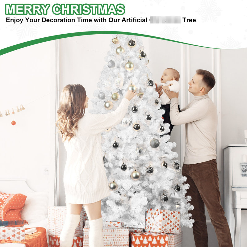 Arbre de Noël blanc moderne de 8 pi avec fil mémoire, 1430 pointes, conception à charnières, arbre de Noël idéal pour les appartements, décoration intérieure facile pour les Fêtes