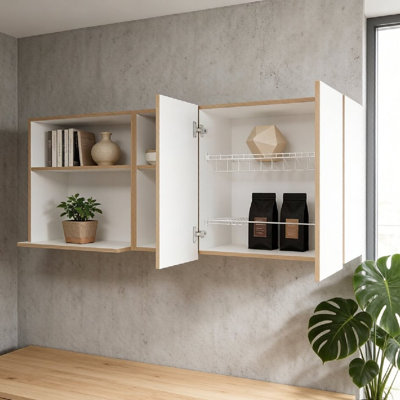 Natural Oak And White Kitchen Cabinet With Microwave Space And Open Shelf