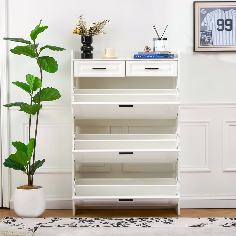 Deux tiroirs, trois portes pliantes, grande armoire à chaussures de rangement, Blanc