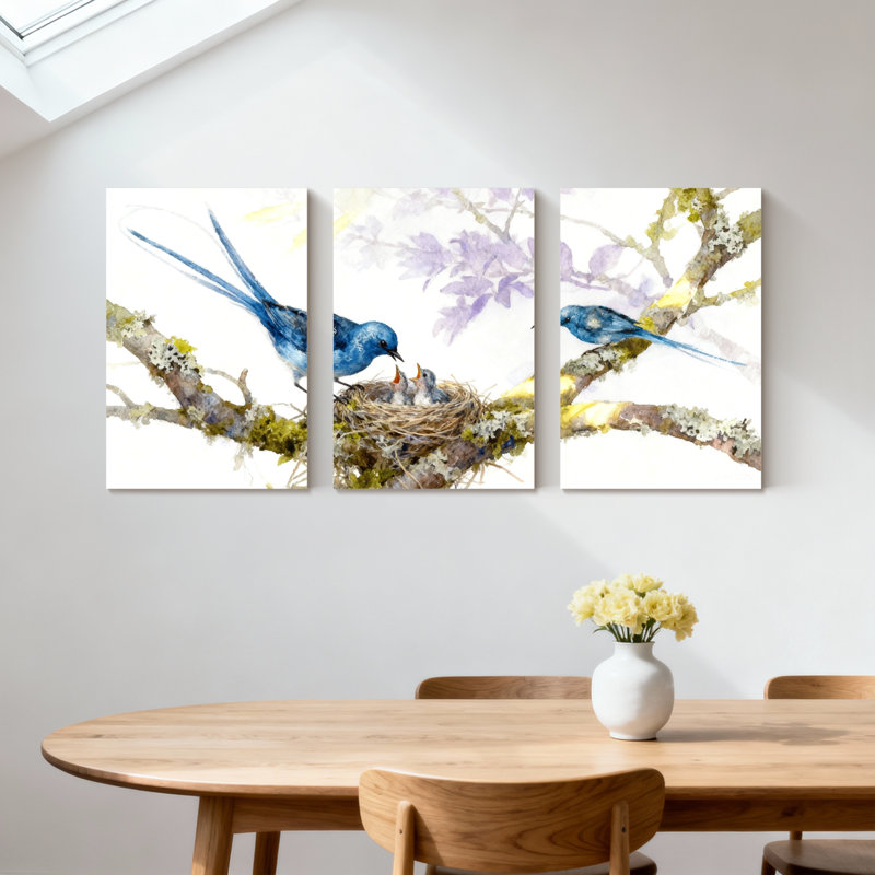 Oiseaux bleus nourrissant des poussins dans un nid sur une branche, ensemble de 3 impressions sur toile, H 24 po x l 48 po