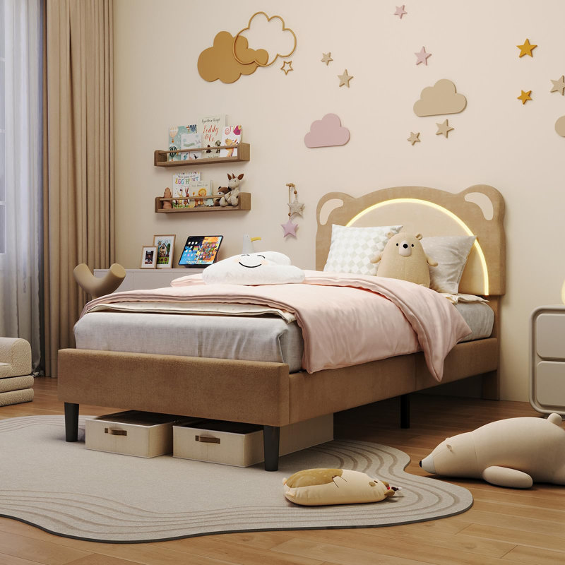 Twin XL Kids Bed Frame with Adjustable Headboard & LED Lights, Wooden Slats Support, No Box Spring Needed, Brown, Twin XL