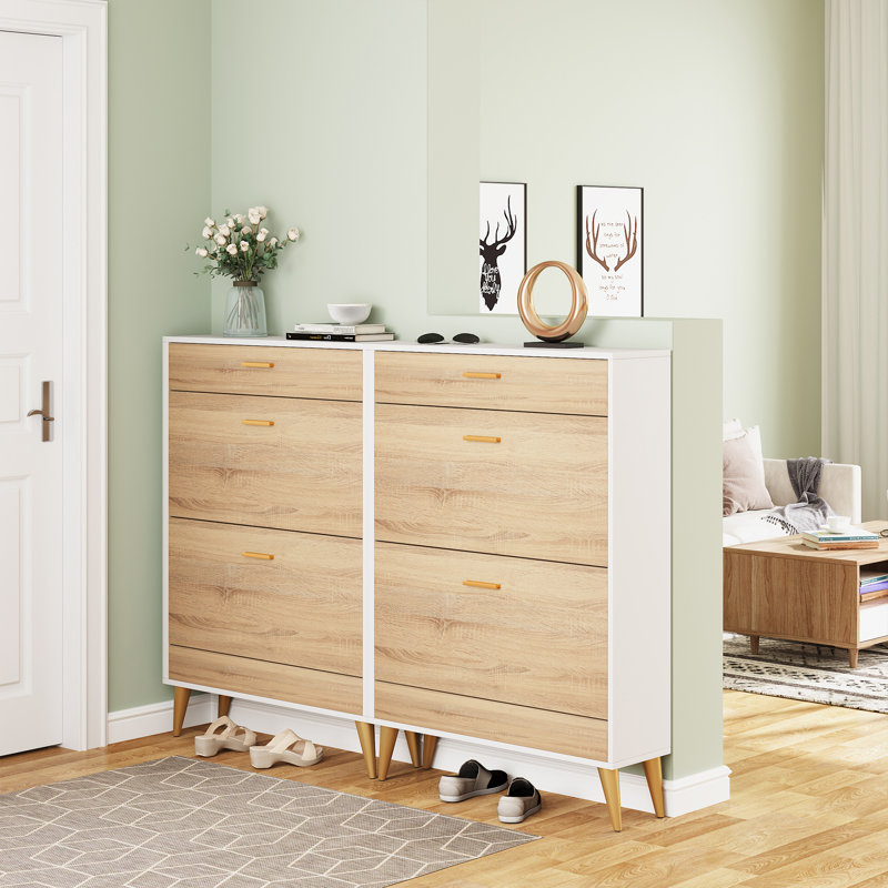16 Pair Shoe Storage Cabinet, Natural Wood/White/Gold