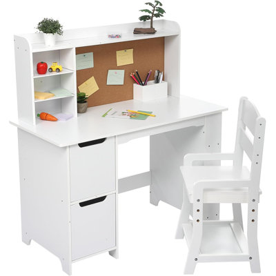 Kids Desk and Chair Set, Wooden Study Table with Storage Shelves and Bulletin Board, Children