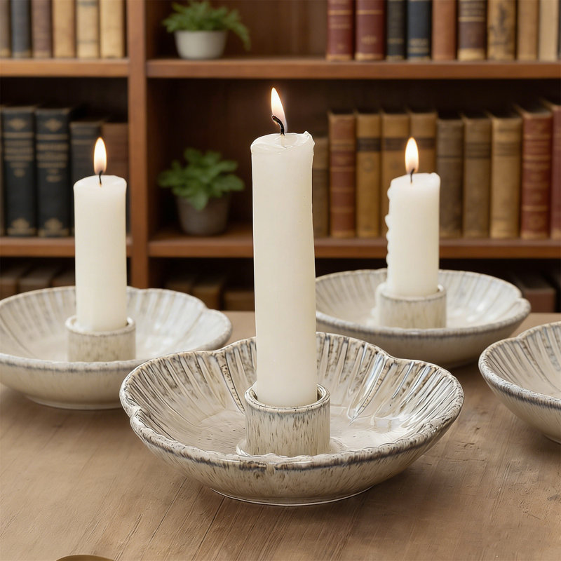 Ceramic Candle Holders With Glazed Finish - Modern Round Base Hartlynn Set For Table Centerpiece, Fireplace & Shelf Decor, Elegant Gift For Wedding