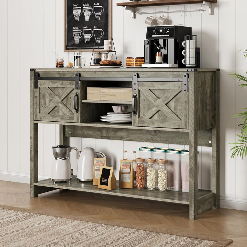 46" Farmhouse Console Table with Sliding Barn Doors, Adjustable Shelves & Open Storage