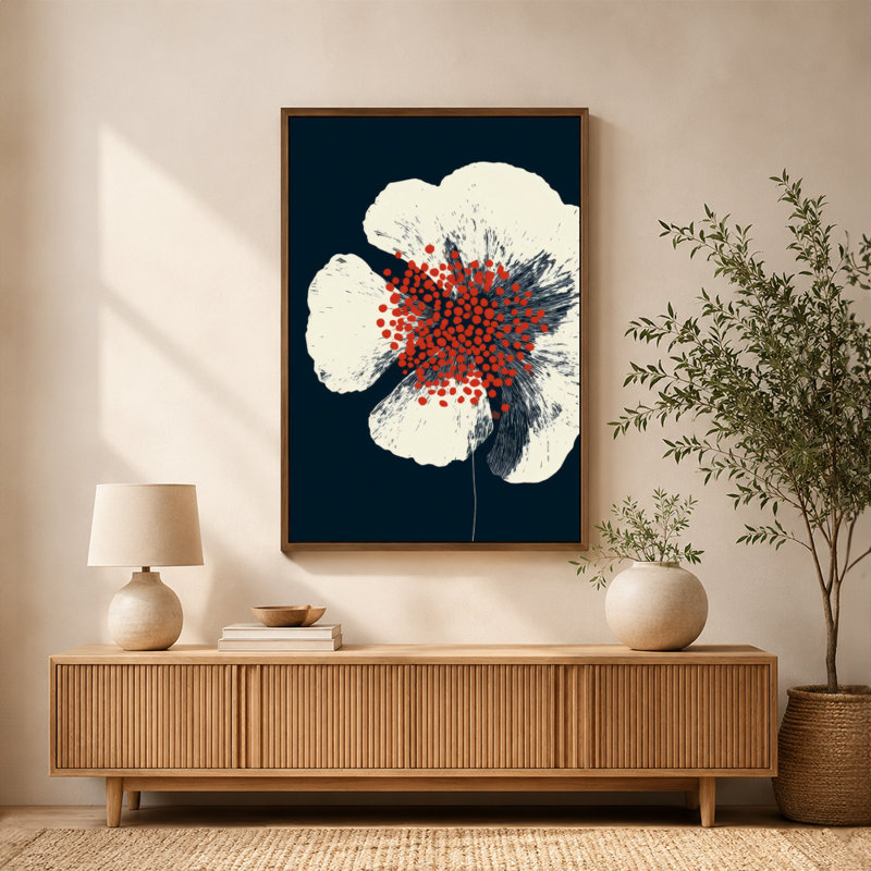 «White Flower Red Center Black Speckles», art mural sur toile avec cadre flottant, prêt à être accroché, 24 po x 36 po, Doré