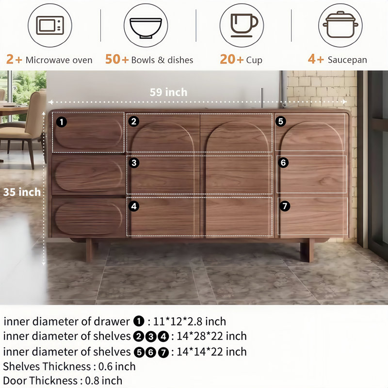 59" Sideboard Buffet Cabinet With 3 Drawers and Solid Wood Base