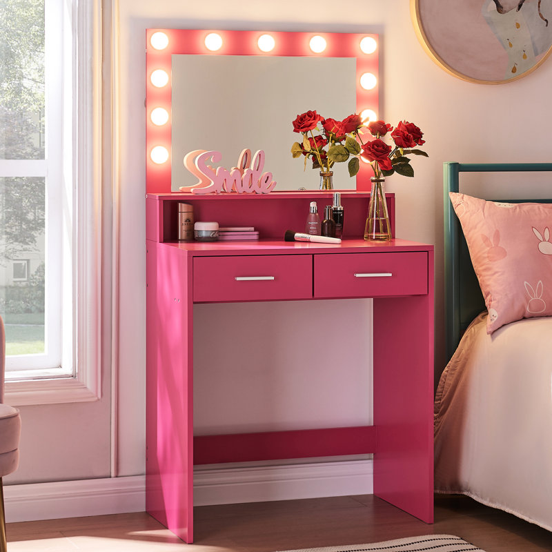 Coiffeuse rose avec miroir, 11 ampoules de style, 2 tiroirs, 3 modes d'éclairage pour une chambre à coucher soignée avec miroir et ampoule réglable